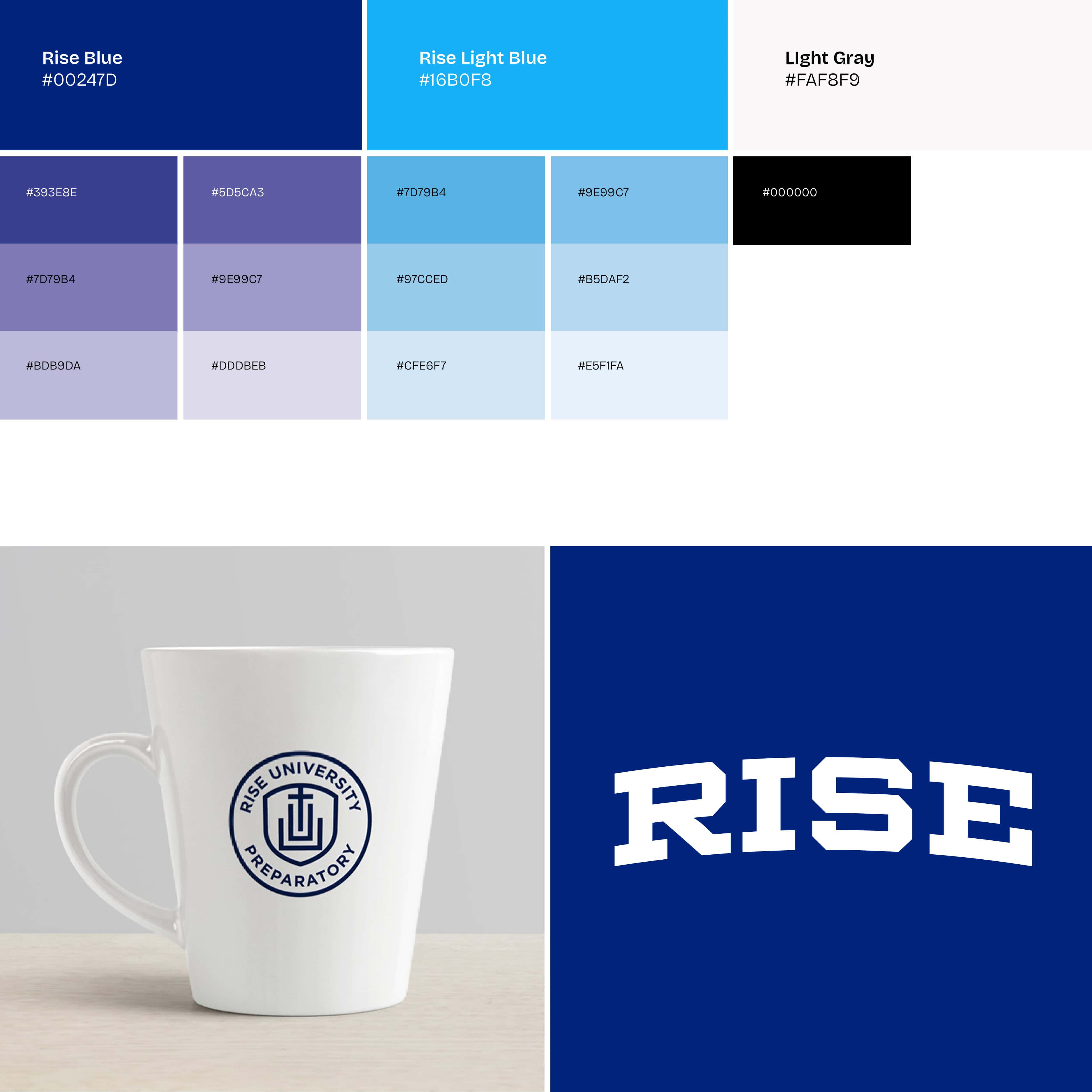 rise color palette, typography, coffee mug, and logo